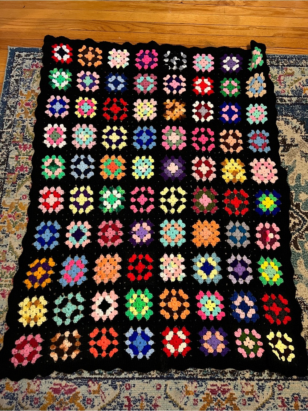 Handmade Multicolor Granny Square Crochet Blanket with Black Border 40x52 inches